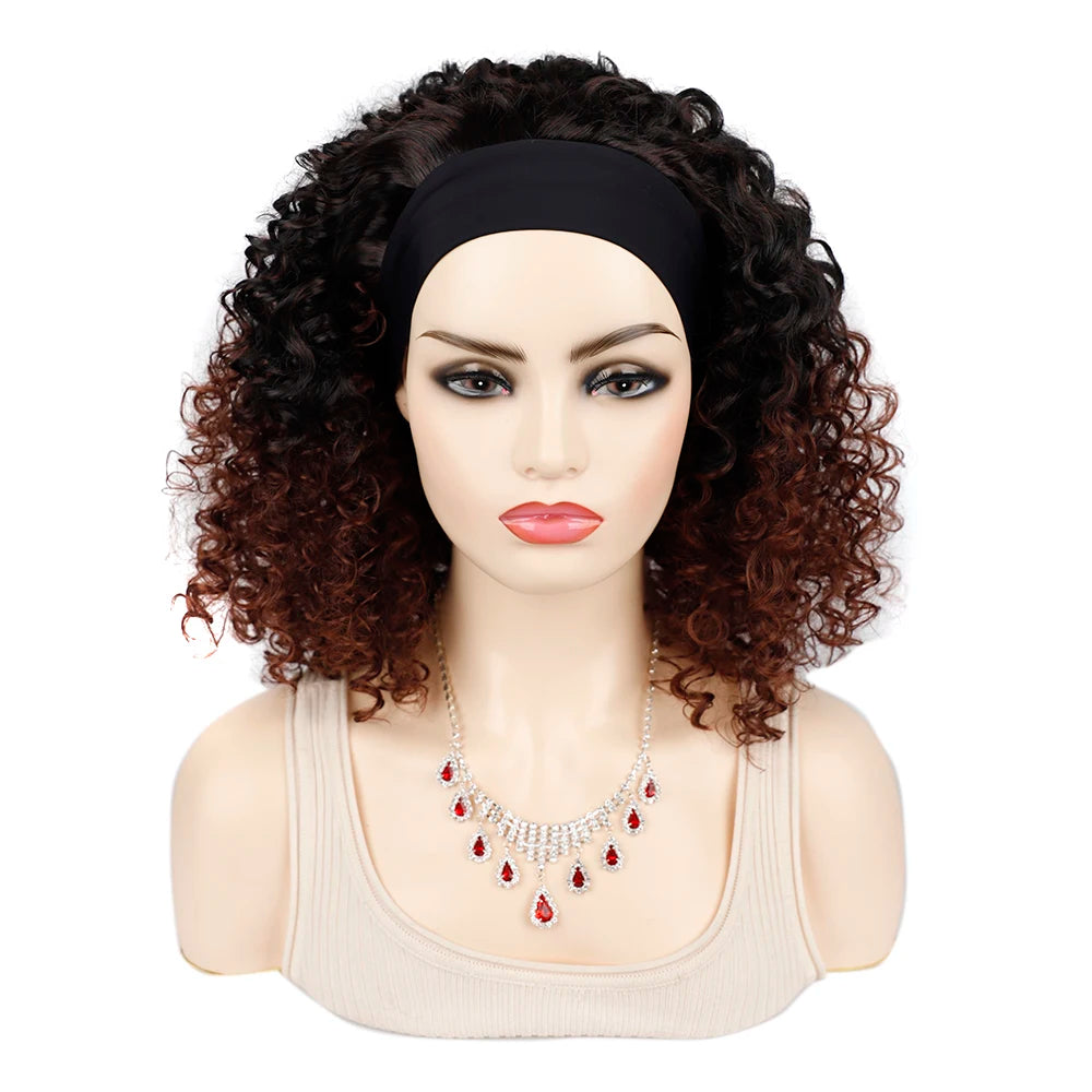 18 Inch Kinky Curly Headband Wig Ombre Afro Curly Wig with Scarf Natural Synthetic Fluffy Curly Turban Wigs for Women Cosplay