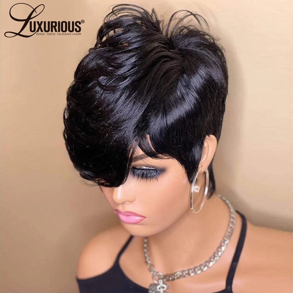 Short Bob Straight Human Hair Wig With Bangs Full Machine Made Long Pixie Cut Wig Glueless 150% Wave Wear And Go Wigs For Women
