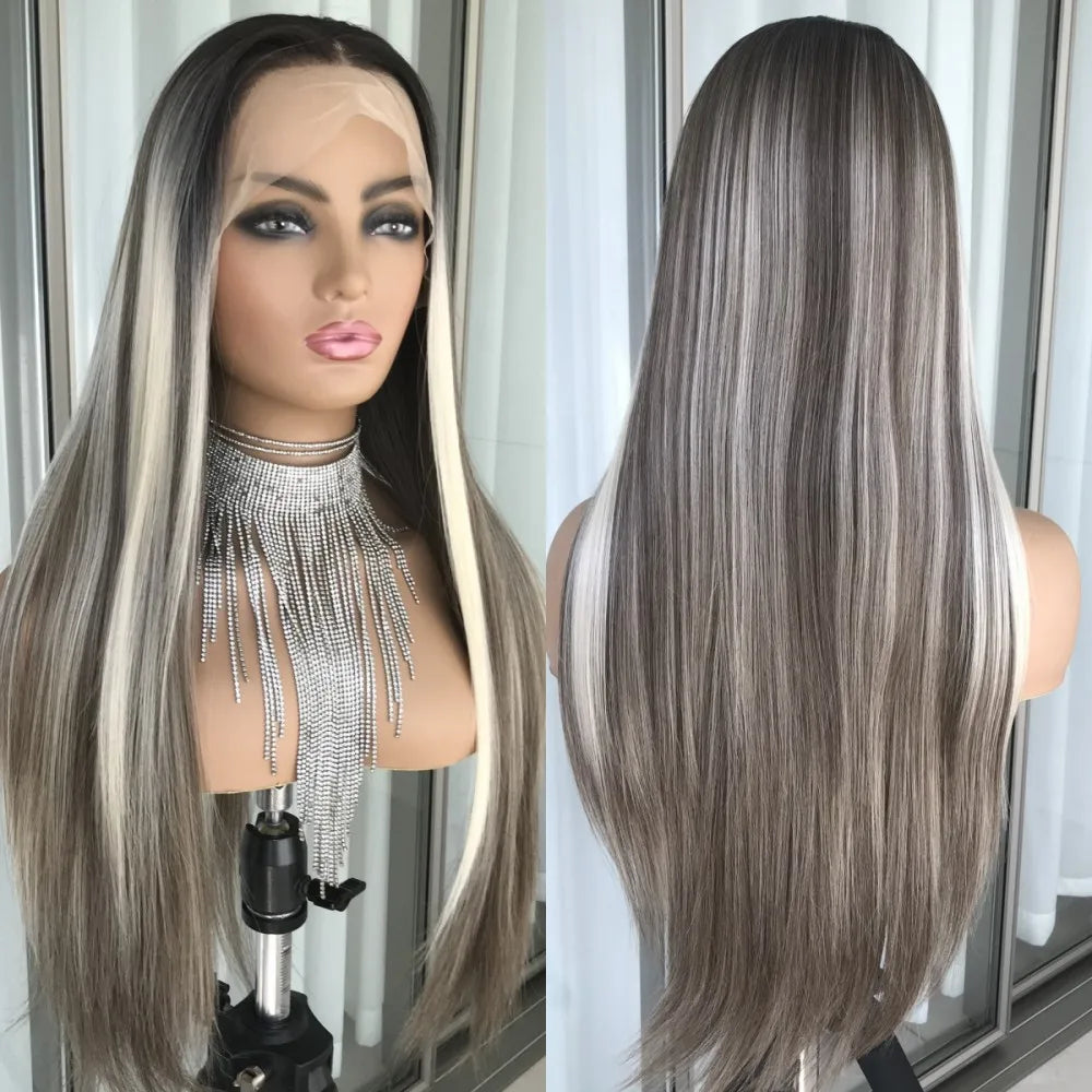 Highlight Blonde Platinum Straight Lace Front Wig Synthetic Hair for Women 13x4” Lace Frontal Wig Pre Plucked Blonde Colored Wig