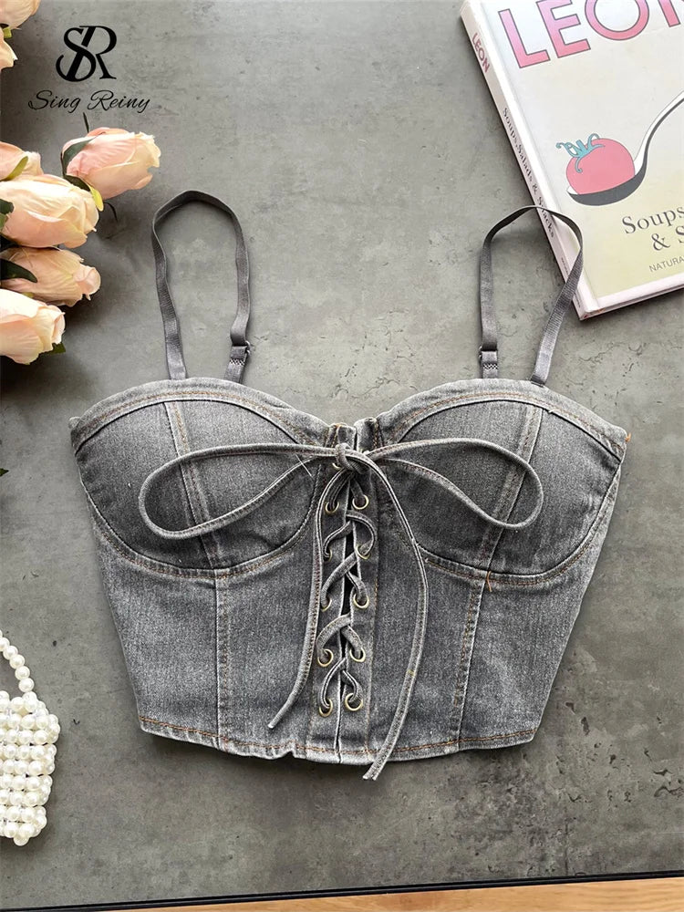 SINGREINY Fashion Women Sexy Denim Camisole Sleeveless Lace Up Skinny Tops 2024 Vintage Backless Elastics Short Streetwear Camis