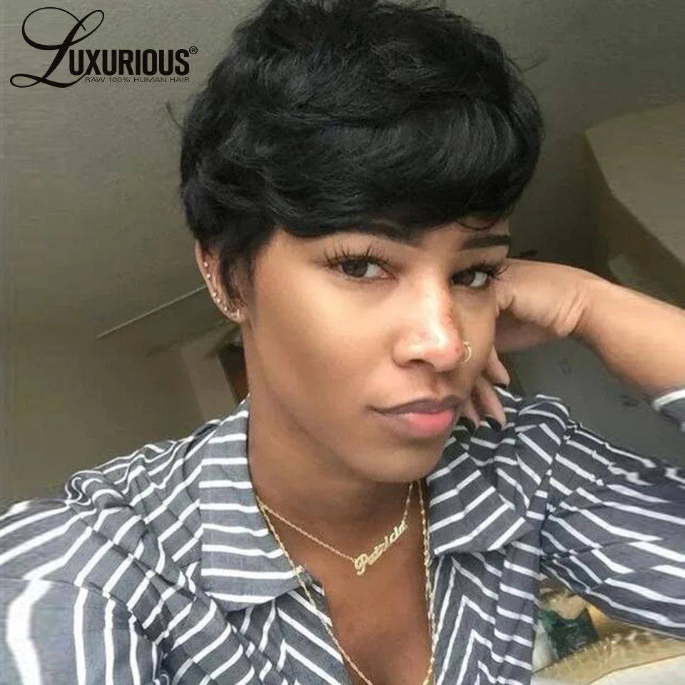 Short Bob Straight Human Hair Wig With Bangs Full Machine Made Long Pixie Cut Wig Glueless 150% Wave Wear And Go Wigs For Women