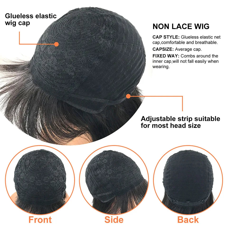 Short Bob Straight Human Hair Wig With Bangs Full Machine Made Long Pixie Cut Wig Glueless 150% Wave Wear And Go Wigs For Women