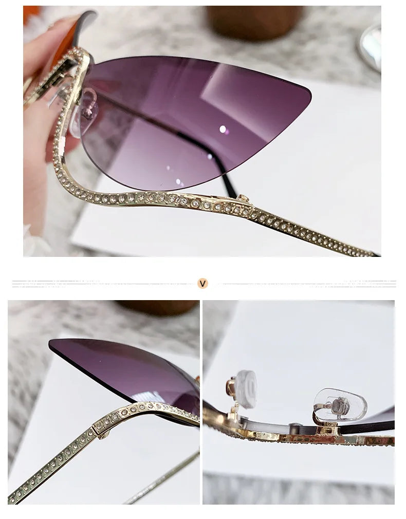 Sexy Cat Eye Rhinestone Rimless Sunglasses Women 2025 Luxury Brand Retro Metal Frame Punk Sun Glasses For Ladies Trendy Shades