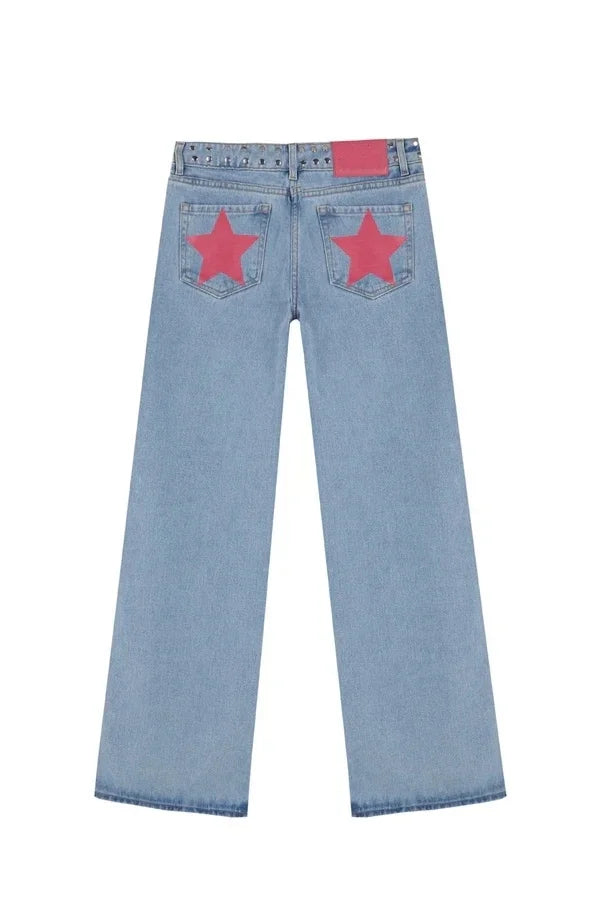 New Fashion Retro Rivet Star Print Baggy Straight Blue Jeans Y2K Women's Simple Classic Wide-leg Jeans Hip-hop Harajuku Jeans