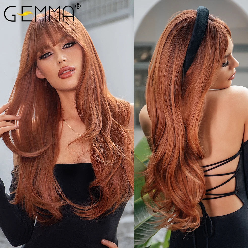 GEMMA Red Brown Copper Ginger Long Straight Synthetic Wigs for Women Natural Wave Wigs with Bangs Heat Resistant Cosplay Hair