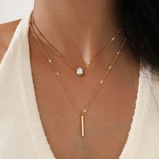 Double Layered Water Drop Pendant Necklace for Women Gold Color Simple Neck Chain Female Vintage Jewelry Gifts