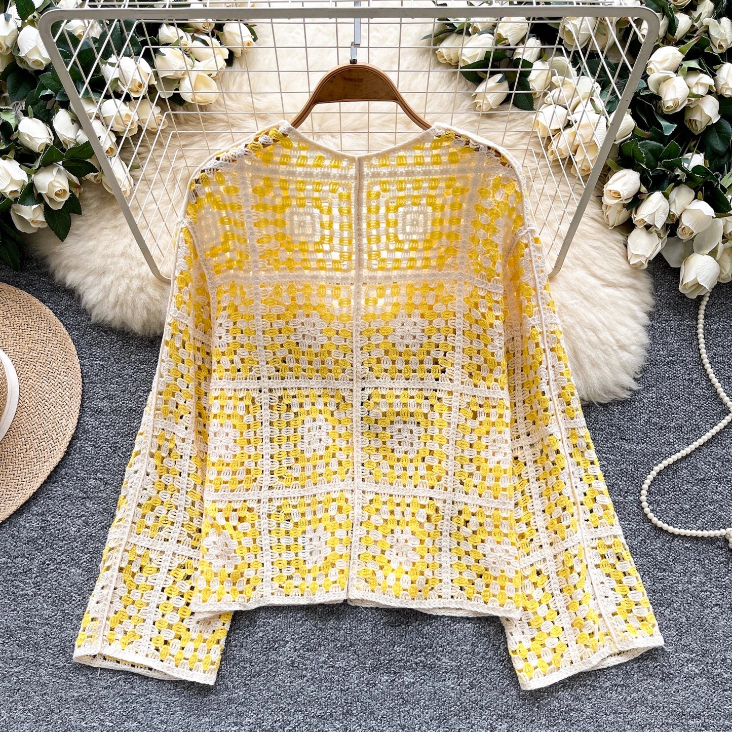 SINGREINY Vintage Boho Loose Plaid Cardigans Female Long Sleeves Hook Flower Hollow Tops 2025 Vacation Sunscreen Casual Shirt