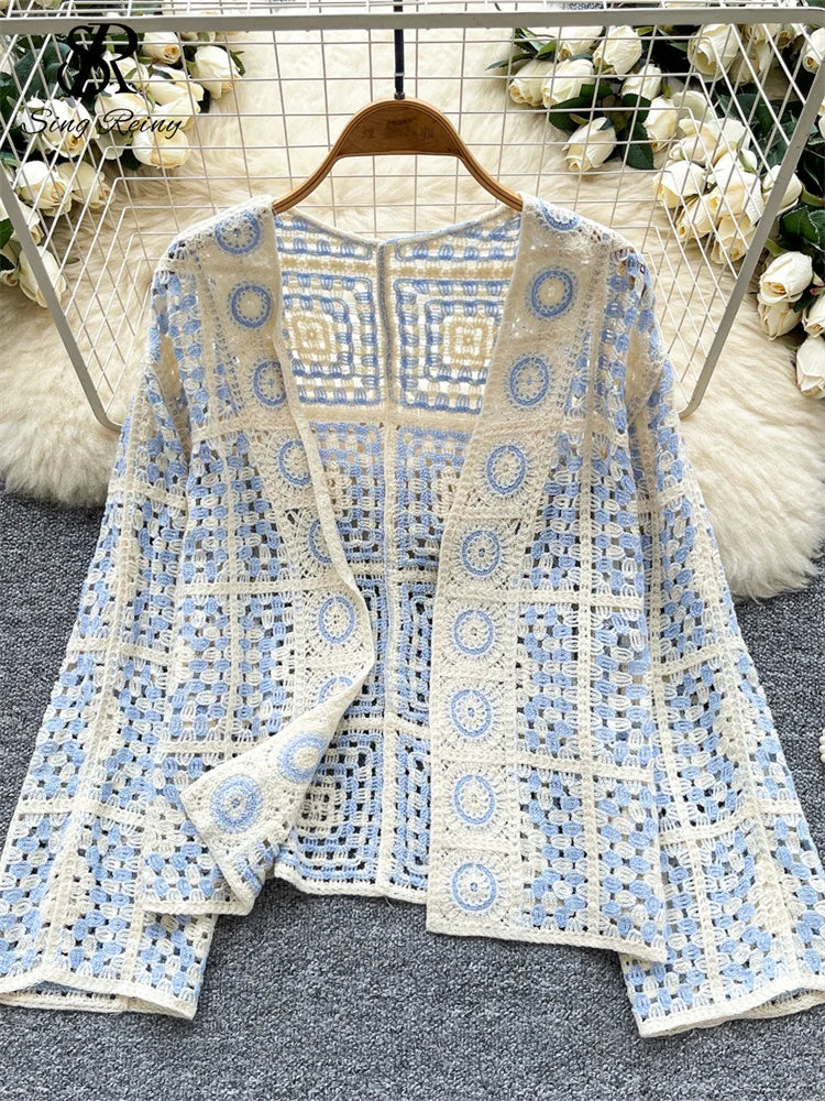 SINGREINY Vintage Boho Loose Plaid Cardigans Female Long Sleeves Hook Flower Hollow Tops 2025 Vacation Sunscreen Casual Shirt