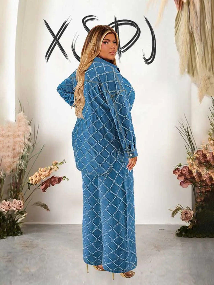 Denim 2 Piece Set Women Jeans and Jacket Winter Casual Outfits Long Sleeve Denim Plaid Coat and Pants Sets Plus Size Clothes
