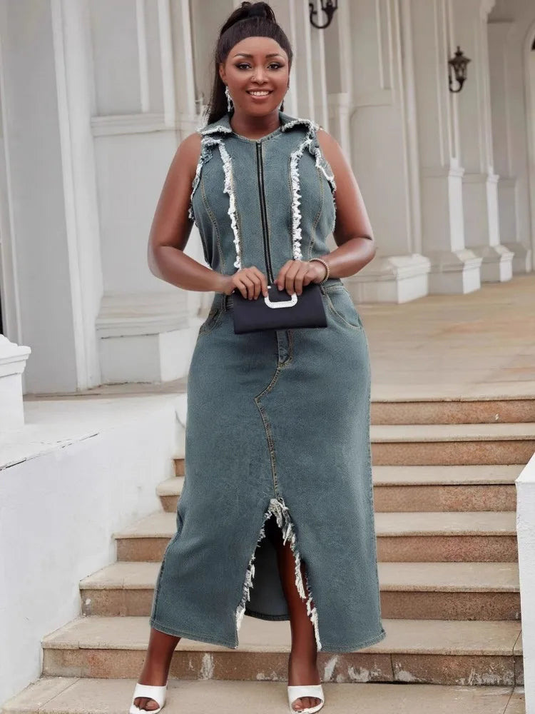 Two Piece Set Plus Size Clothes Summer Autumn V-Neck Sleeveless Denim Top And Maxi Skirt Women Sets Streetwear Office Lady Suit