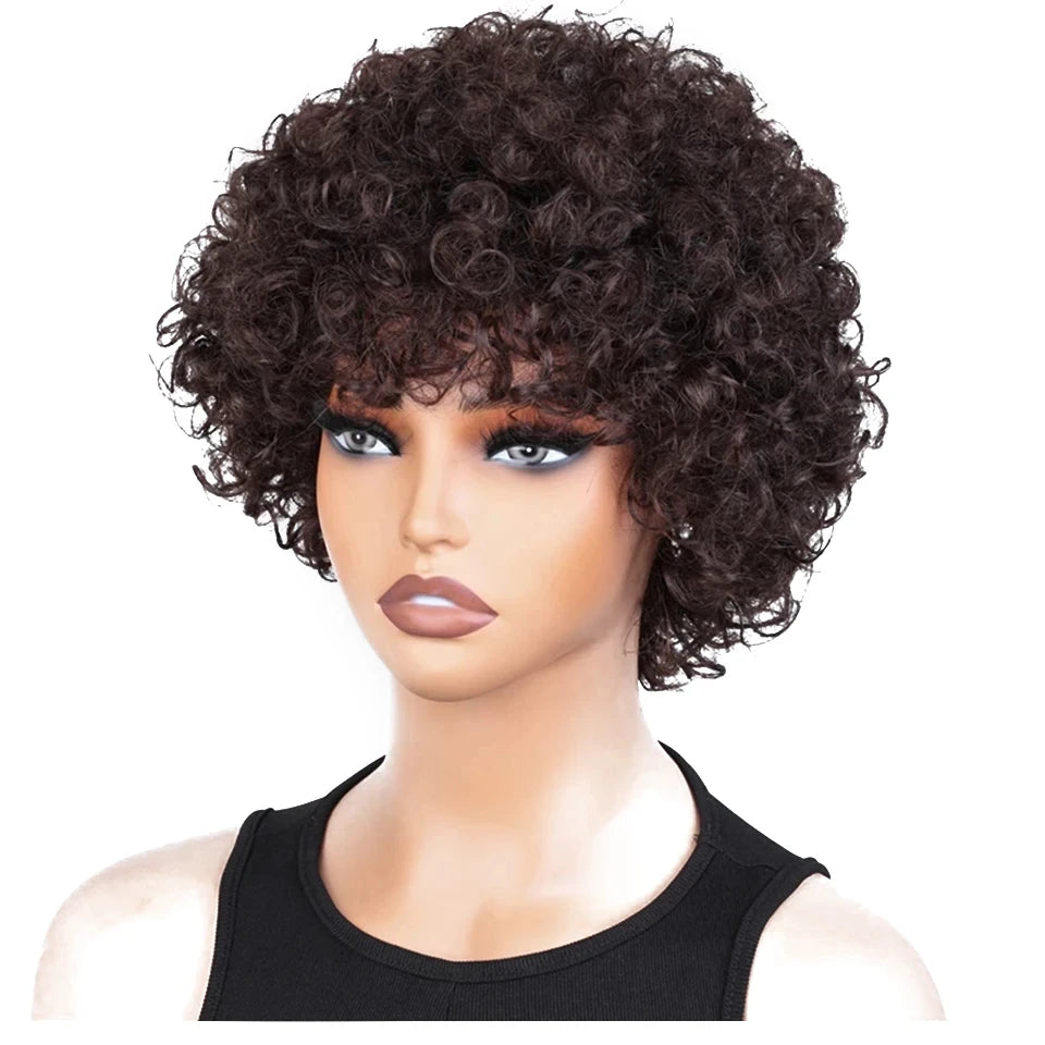 Pixie Short Afro Curly Bob Human Hair Wigs With Bangs For Women Brazilian Remy Hair Put On And Go Natural Brown Kinky Curly Wigs
