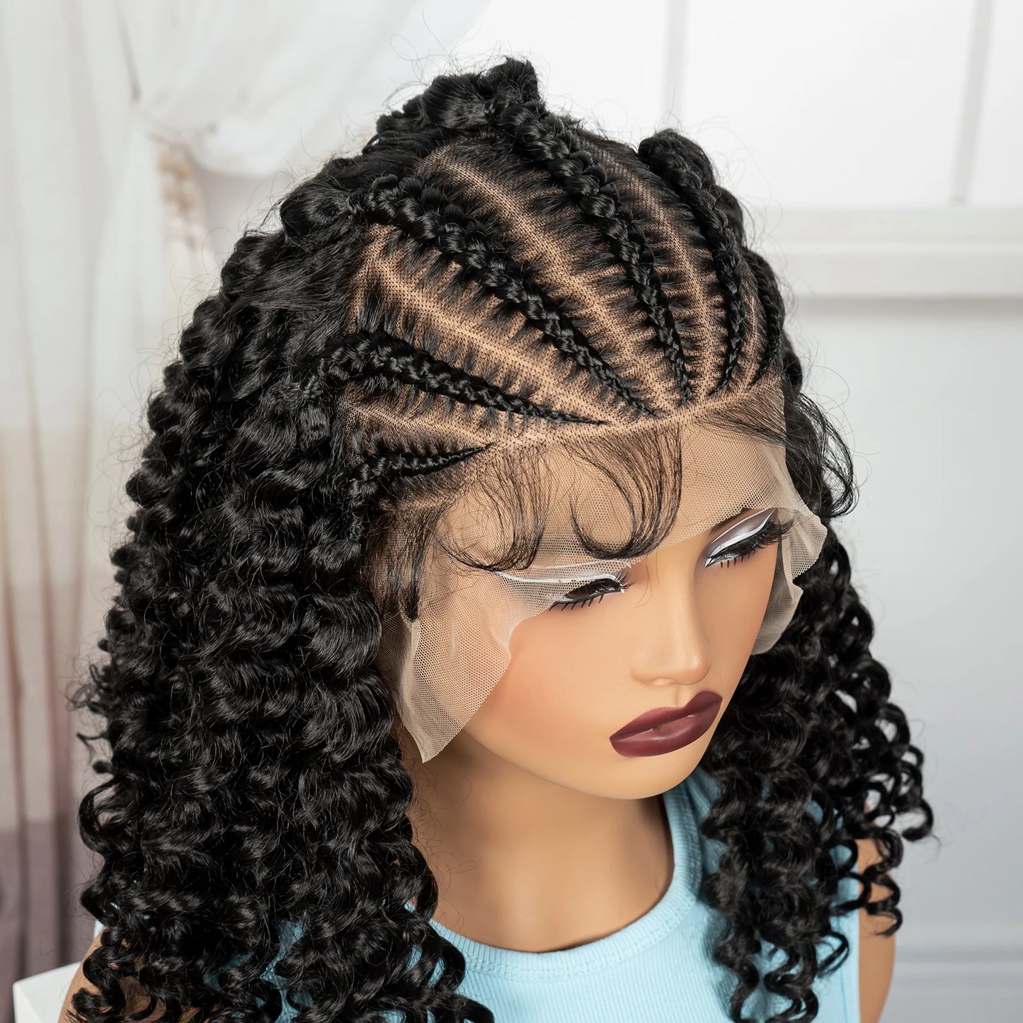 16inch 13x6 Lace Frontal Curly Hair Bob Wigs with Cornrow Braids Synthetic Deep Wave Brazilian Remy Hair Wigs for Black Women