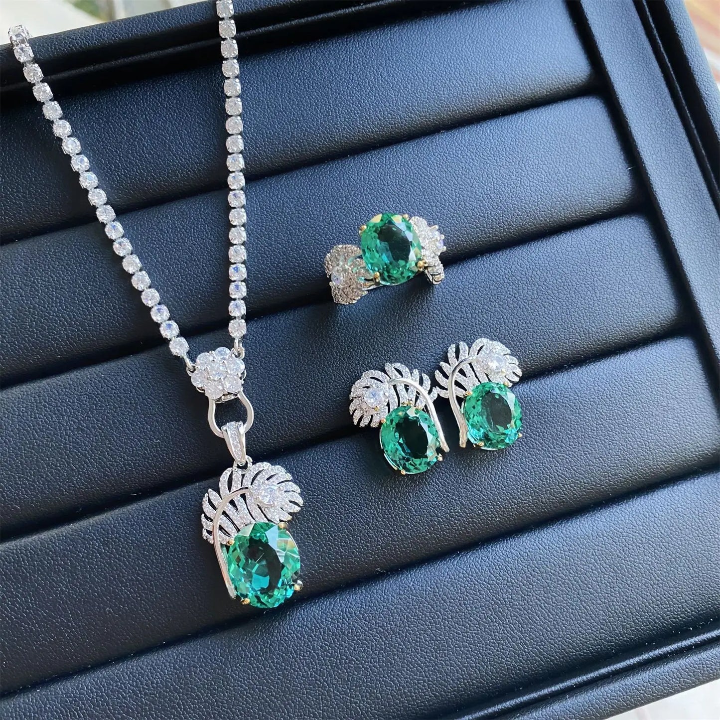 Valuable Lab Jade Diamond Jewelry set 925 Sterling Silver Engagement Wedding Rings Earrings Necklace For Women Bridal Party Gift