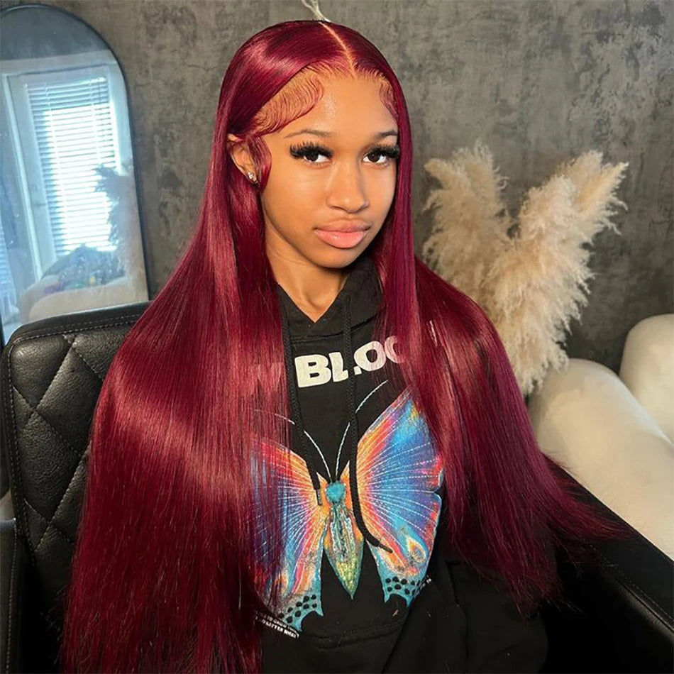13x6 HD Lace Front Wig Human Hair Wigs 99J Red Burgundy Colored HD Transparent Pre Plucked Lace Frontal Human Hair Wigs Straight