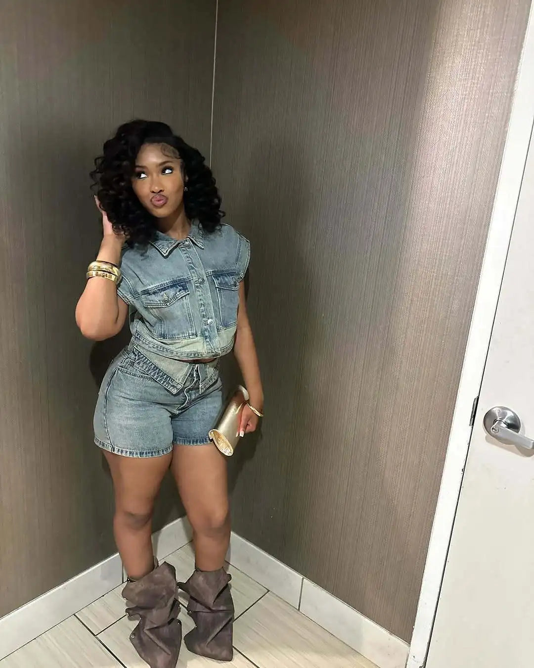 CM.YAYA Fashion Denim Women's Set Short Sleeve Jackets Tops and Shorts Jeans Sets 2025 Summer Two 2 Piece Sets Outfits Tracksuit