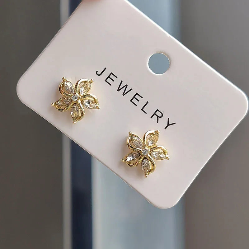Dainty Flower Stud Earrings for Women Piercing Cartilage Ear Ring Cute Zircon Gold Color Women's Aesthetic Jewelry Gift