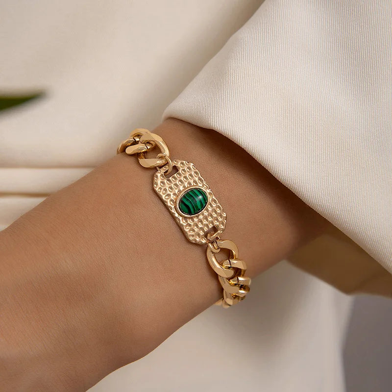 Tocona New Flower Inlaid Brick Open Bangle for Women's Vintage Green Stone Single Bracelet Party Jewelry Accessories брасле23692