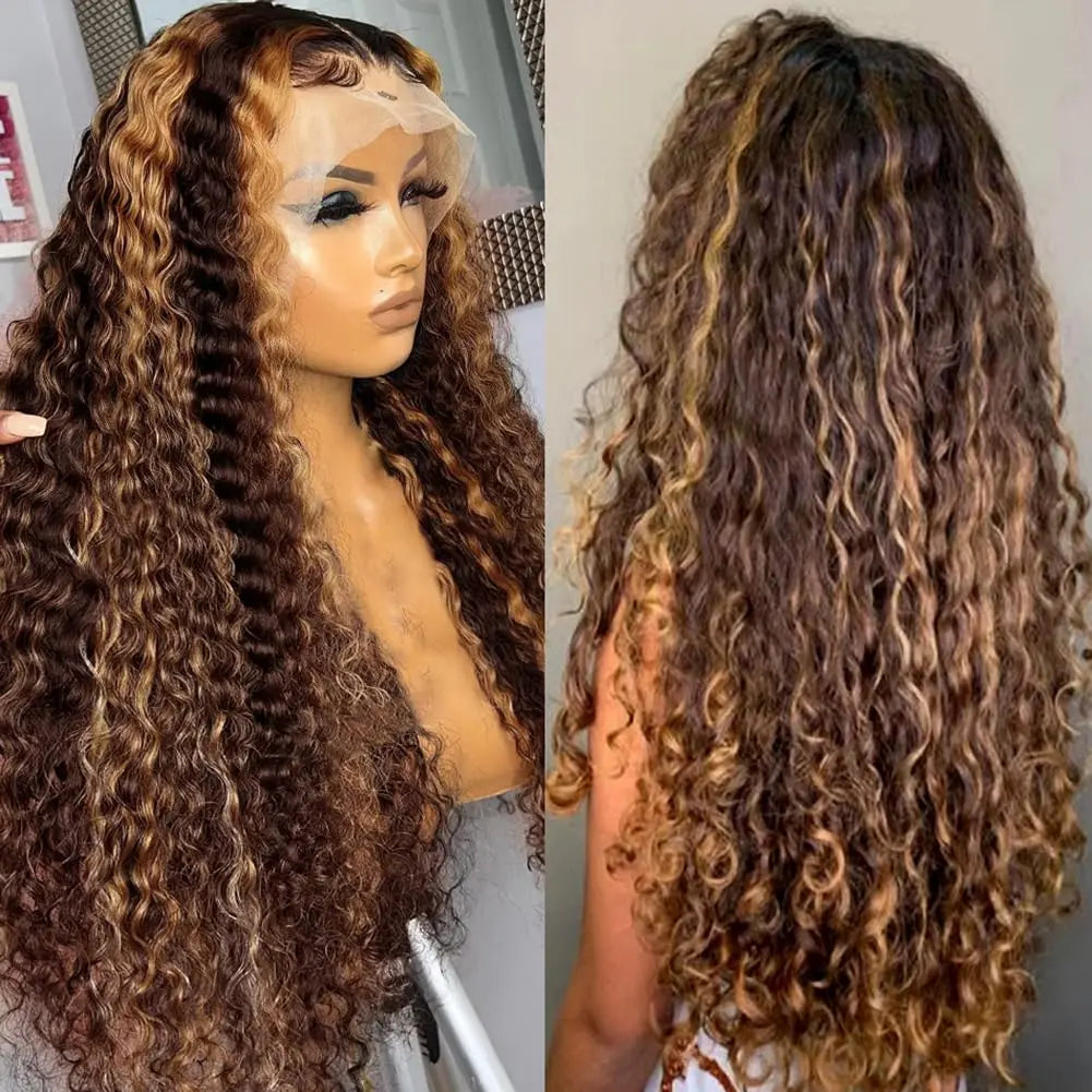 30 Inch Deep Wave P4/27 Highlight 13x4 HD Transparent Lace Front Wigs Ombre Human Hair Wet and Wavy Curly Lace Frontal Wigs 4/27