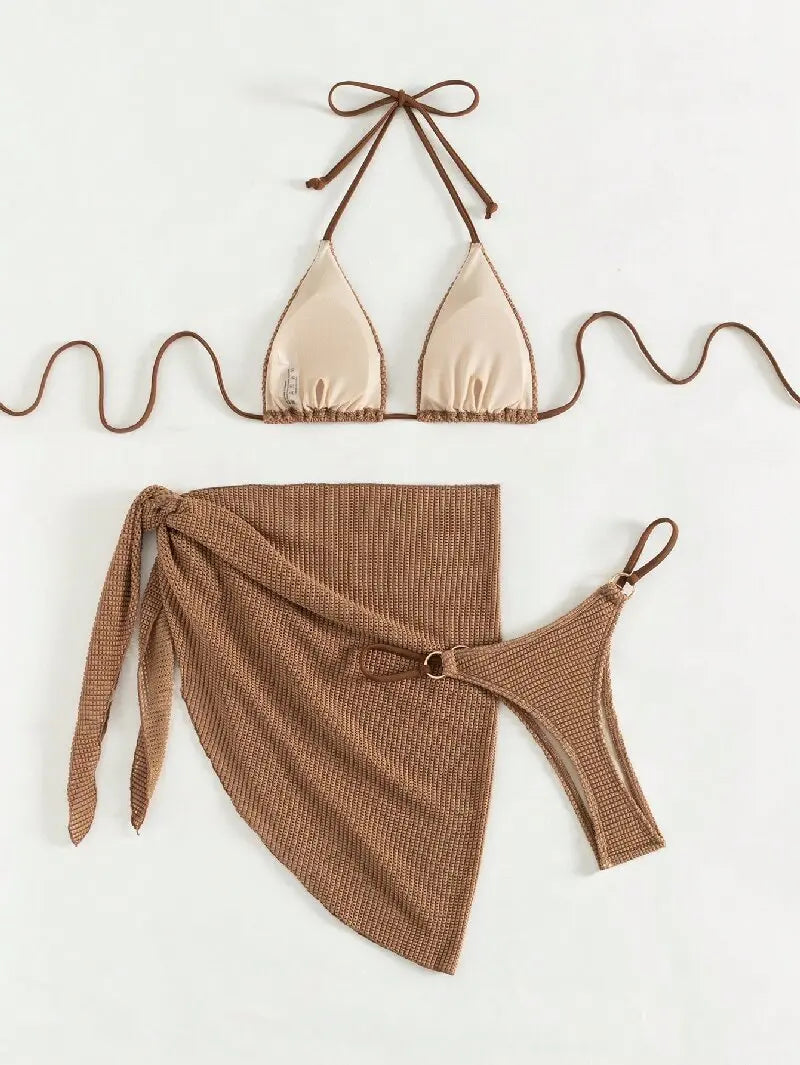 Sexy Brown Bikini Set 2025 Women Halter Push Up Bra Skirt 3 Piece Swimsuit Summer Bathing Suit Cover Up Thong Swimwear Biquini