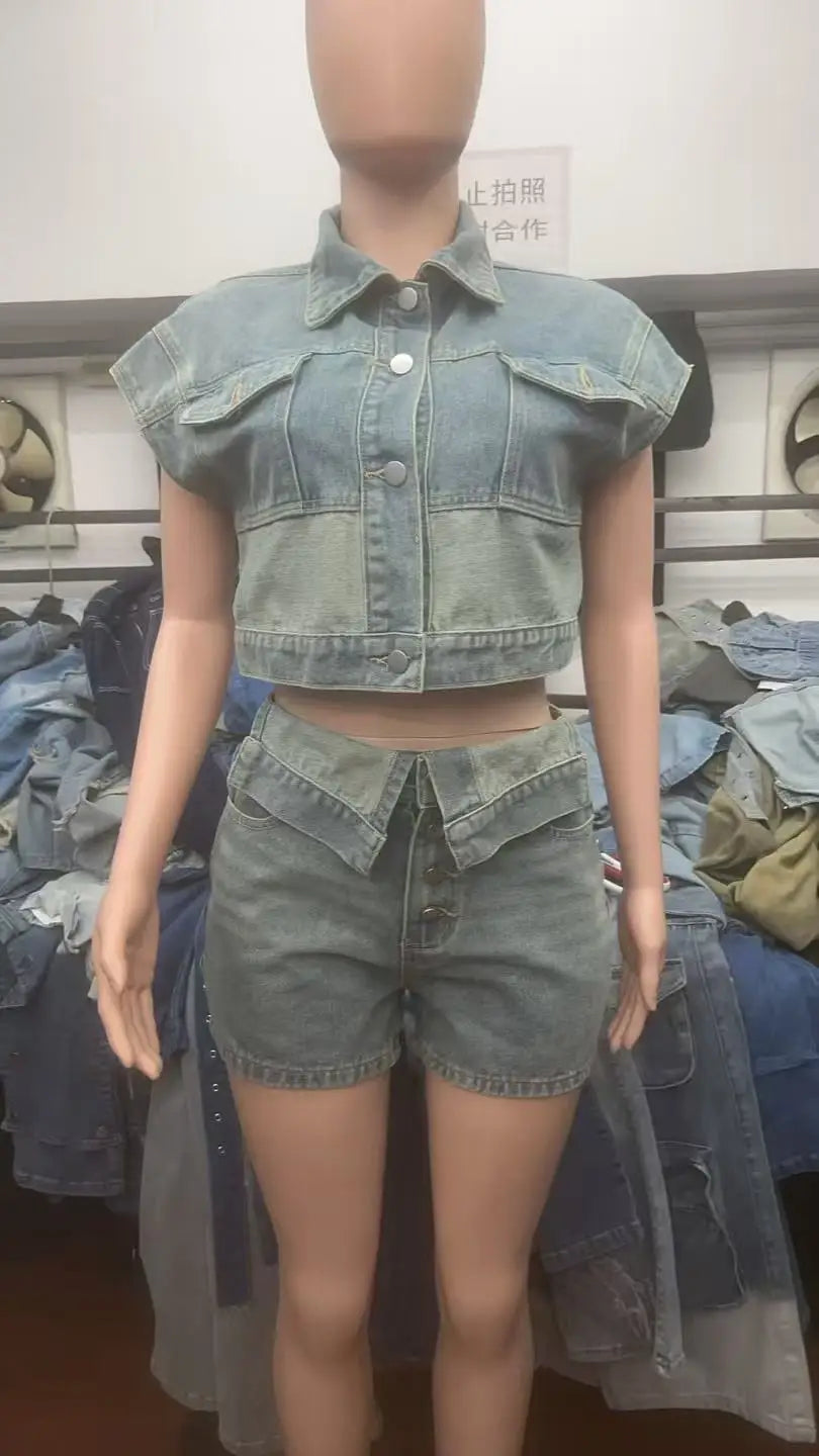 CM.YAYA Fashion Denim Women's Set Short Sleeve Jackets Tops and Shorts Jeans Sets 2025 Summer Two 2 Piece Sets Outfits Tracksuit