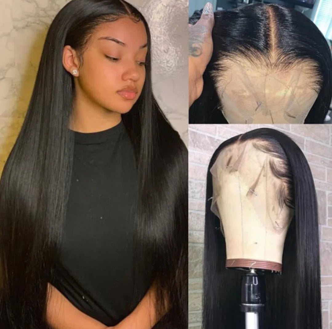 250% 36 inch Straight Lace Front Wig Human Hair Wigs For Women Pre-Plucked Transparent Lace Free Middle Part Natural Black Bobbi