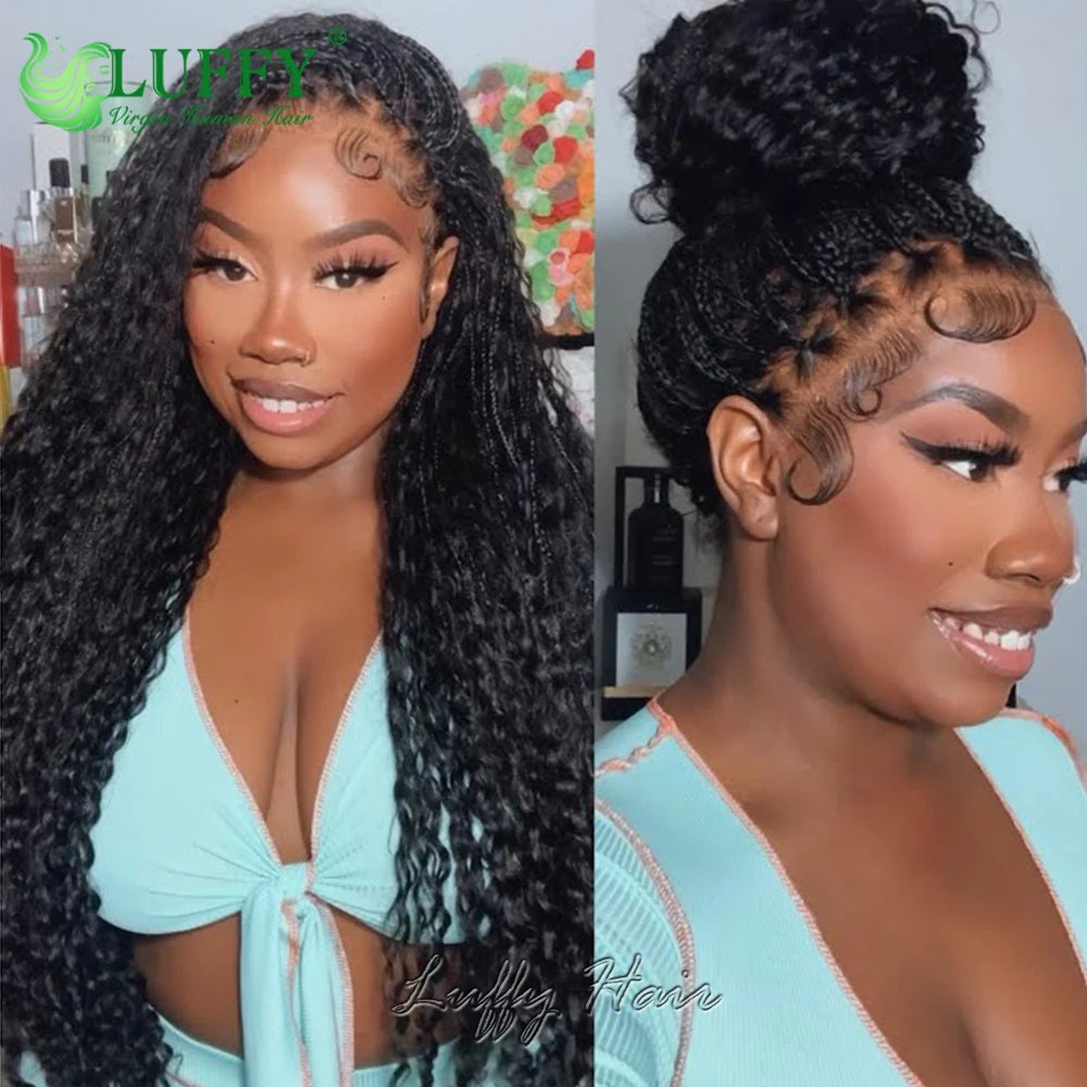 Boho Box Braids Wigs HD Full Lace Braided Wig Human Hair Curly Pre Plucked With Baby Hair Goddess Braided Wigs 300 Density