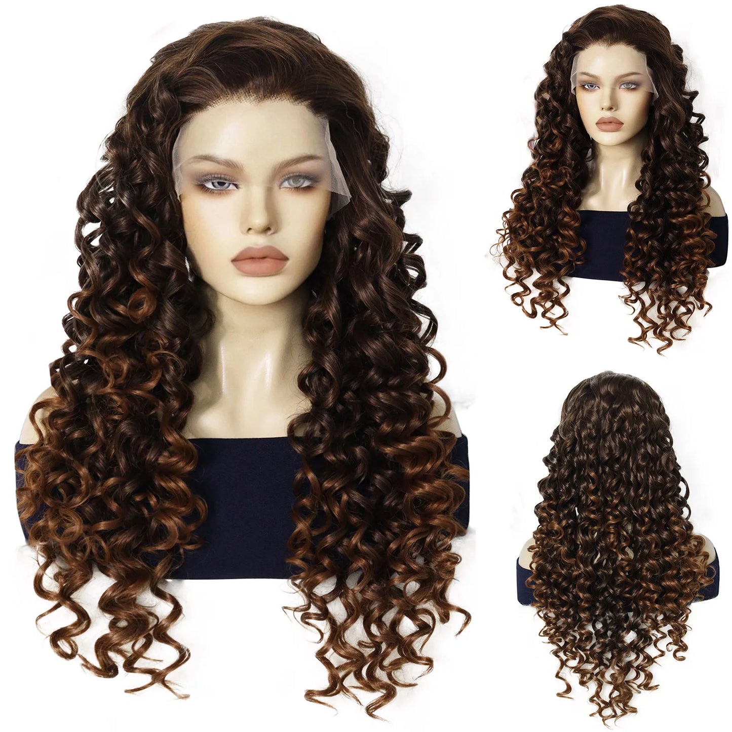Synthetic 13*2 Lace Wig Brown Curly Hair 24 Inch Length Free Part Lace Front Wig for Fashionable Sexy Women