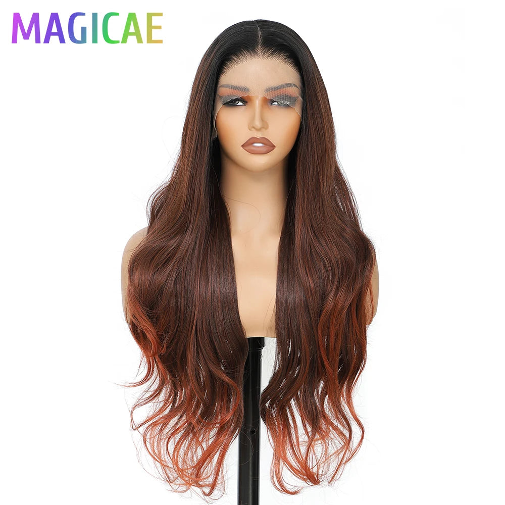 Magicae 13X4 Body Wave Lace Frontal Wigs 30inch Ombre Brown Blond 613# Bio Synthetic Heat Resistant Transparent Frontal Wigs