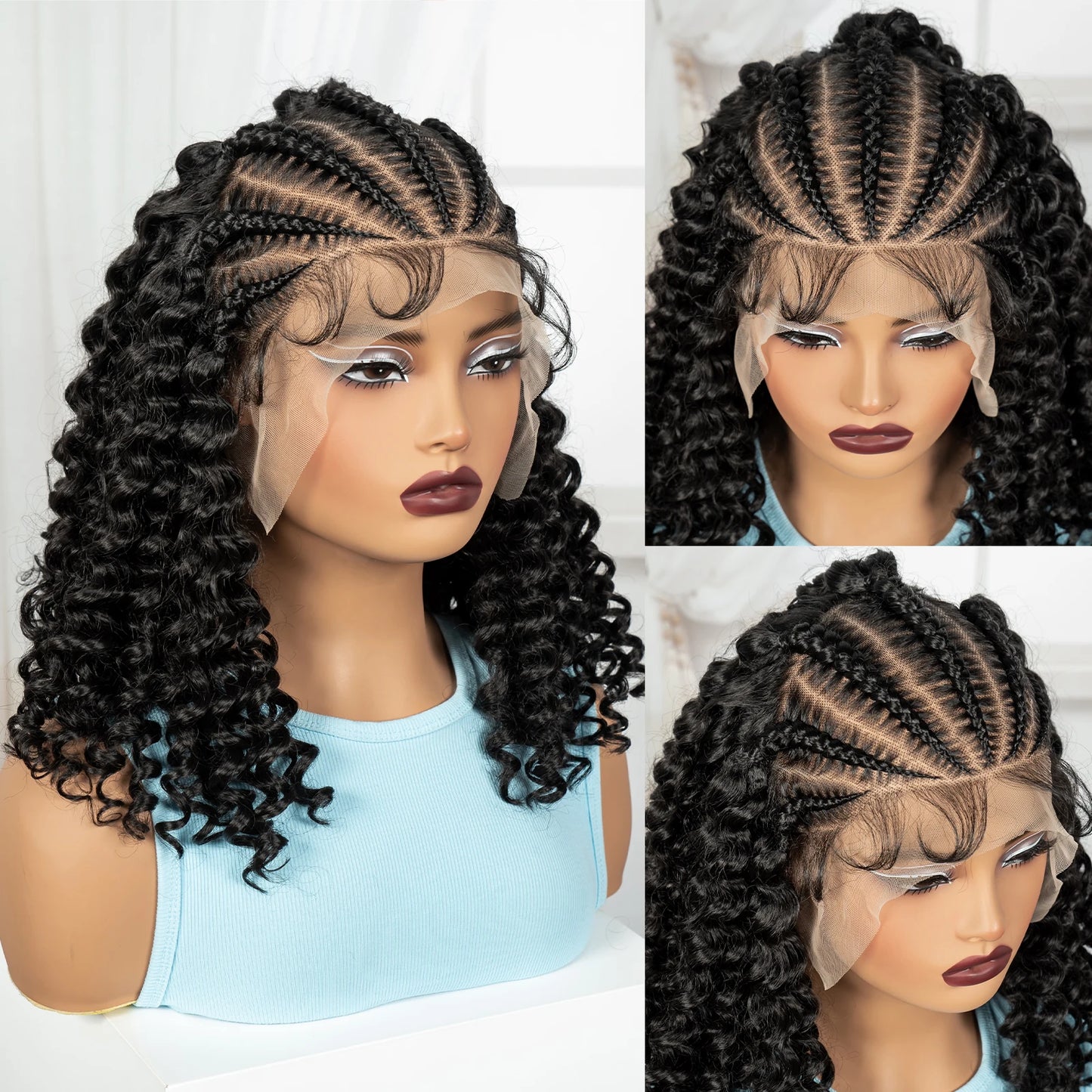 16inch 13x6 Lace Frontal Curly Hair Bob Wigs with Cornrow Braids Synthetic Deep Wave Brazilian Remy Hair Wigs for Black Women
