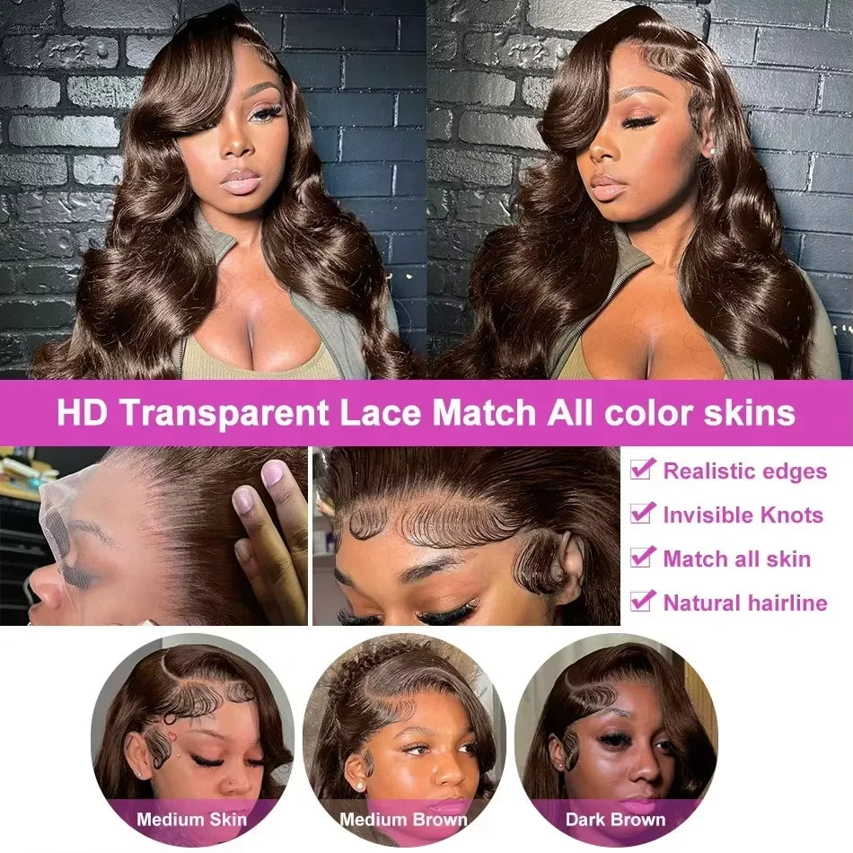 30 34Inch Chocolate Brown Body Wave 13x4 Lace Front Wigs Human Hair Brazilian Water Wave 13x6 Hd Lace Frontal Wig 250% For Women