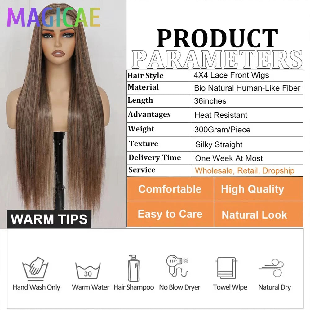 Magicae 330Grams 36Inch 4x4 Lace Front Wigs Chestnut Brown Wigs Ombre Highlight Straight Blond P27/613# High Temperature Cosplay