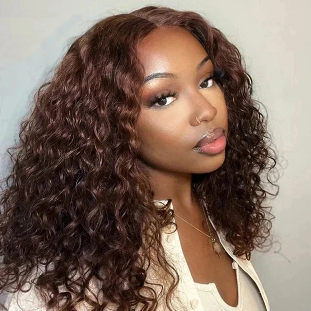 Brown #4 Colored Curly Short Bob Wig 13x4 Bob Wigs Brazilian Water Deep Wave Human Hair Wig Preplucked For Woman Short Pixie Cut