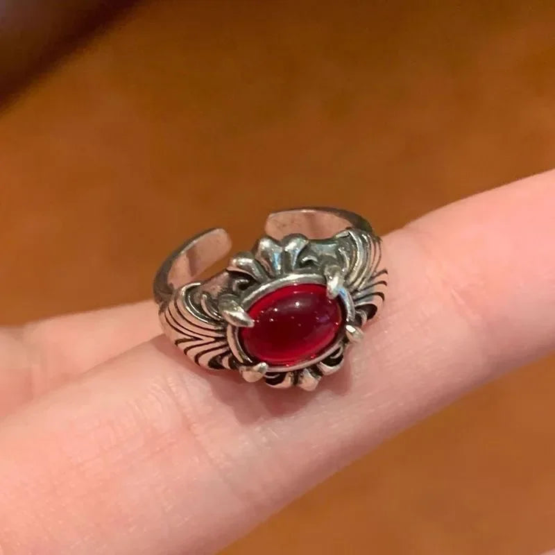 LATS Vintage Gothic Red Crystal Cross Geometry Open Rings for Women Y2k Punk Creative Grunge Jewelry Accessories Gift