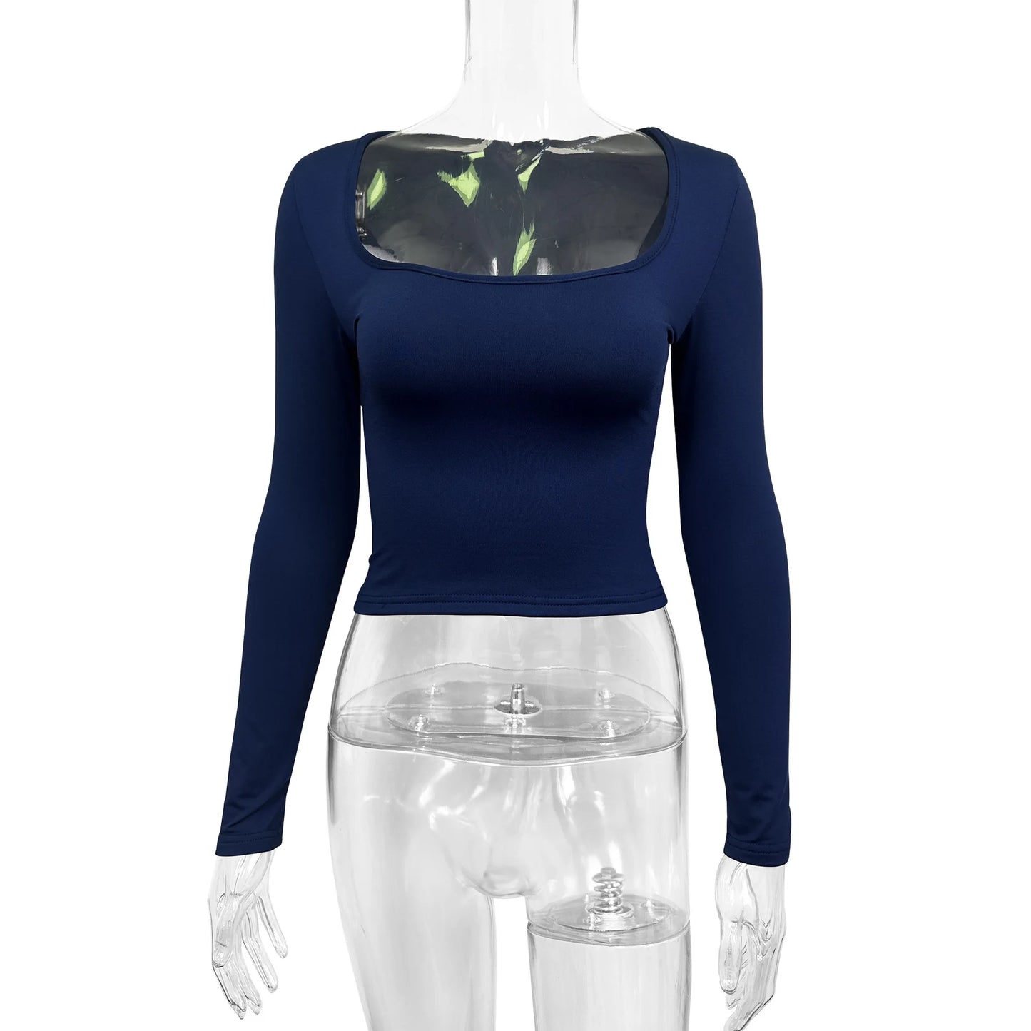 Fairyshely 2025 Spring Blue Casual Bodycon T-shirt Sexy Autumn Women Solid Bodycon Crop Top Lady Long Sleeve Clud Short Tops