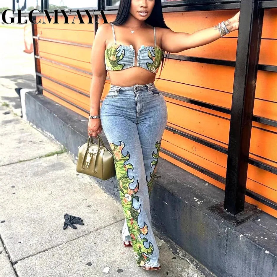 CM.YAYA Fashion Denim Women's Set Spaghetti Strap Crop Top and Wide Leg Jeans Pants Suit 2025 Holiday Two 2 Piece Set Outfit