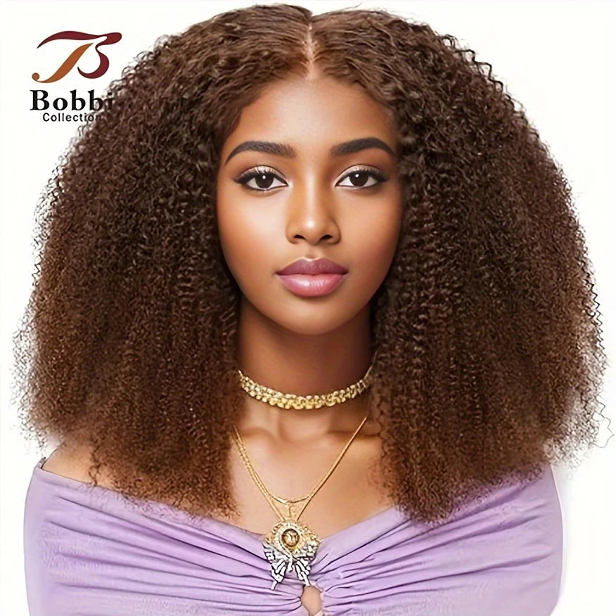 250% Density Brown 4x4 Lace Front Wig Afro Kinky Curly Thick 100% Human Hair Wigs For Women Pre-Plucked Transparent Lace Bobbi