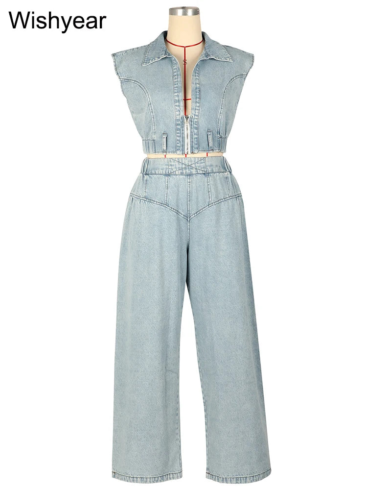 Elegant Denim Women Sleeveless Zipper Crop Top and Wide Leg Pants Two Piece Set Fashion Streetwear Loose Matching Jeans Outfits