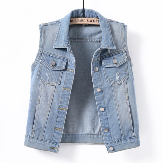 Plus Size Denim Vest Women's Short Sleeveless Ripped Trendy Top Cotton Flip Collar Pure Color from Mainland China for Spring Sum