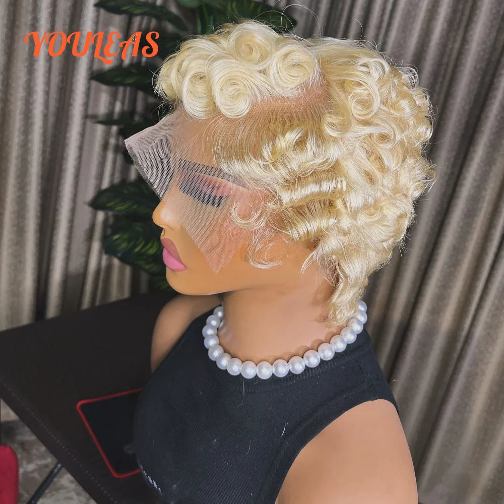 613 Blonde Pixie Cut Short Bob Deep Wave Human Hair Wigs Reddish Brown Short Bob 13x4 Transparent Lace Front Wigs Preplucked