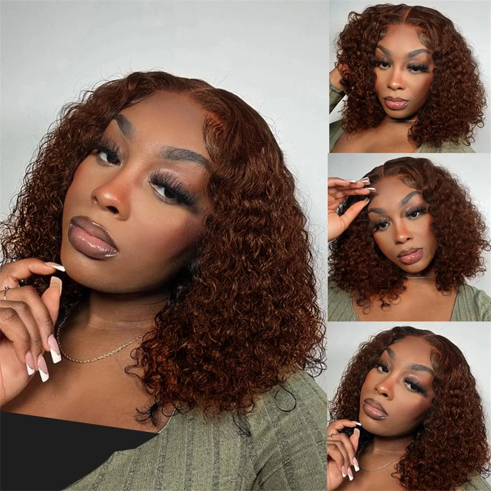 Brown #4 Colored Curly Short Bob Wig 13x4 Bob Wigs Brazilian Water Deep Wave Human Hair Wig Preplucked For Woman Short Pixie Cut