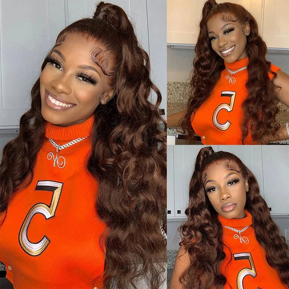 Body Wave Colored Chocolate Brown Human Hair Pre Plucked 4×4 Closure Wig 100% Human Hair Wig HD Swiss Lace 13×4 Front Lace Wig