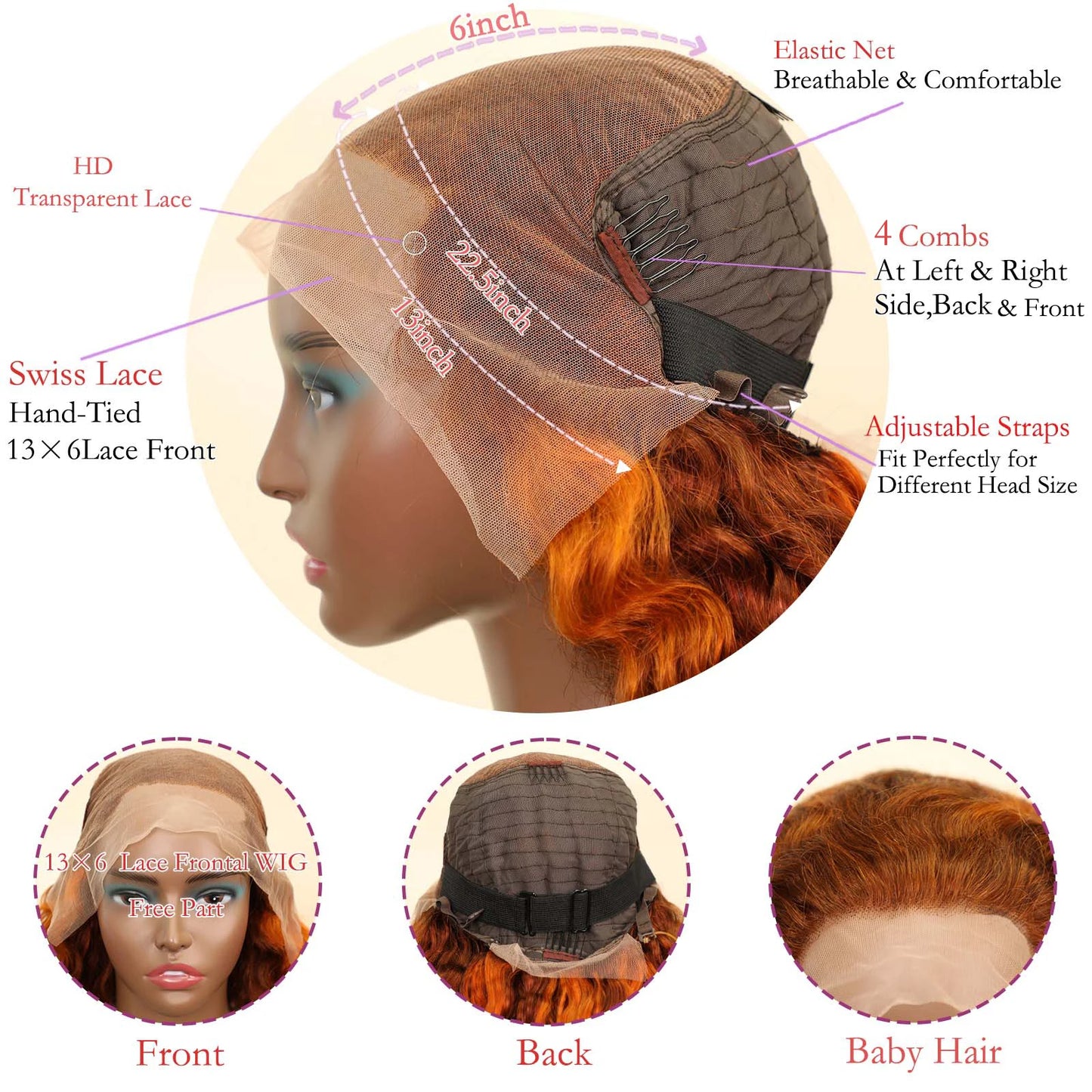 4/350 Highlight Water Wave 13x4 Transparent Lace Frontal Human Hair Wig 220% Ombre Ginger Human Hair Wig Color Curly Wigs 34Inch