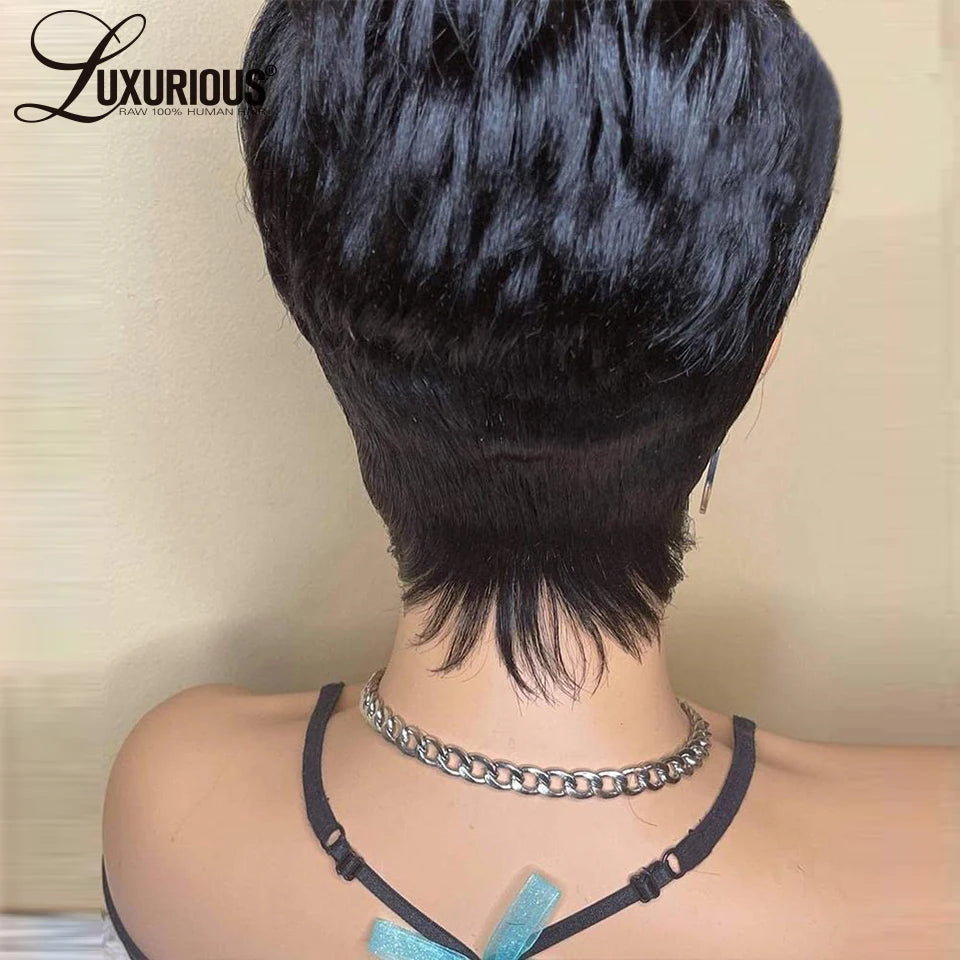 Short Bob Straight Human Hair Wig With Bangs Full Machine Made Long Pixie Cut Wig Glueless 150% Wave Wear And Go Wigs For Women