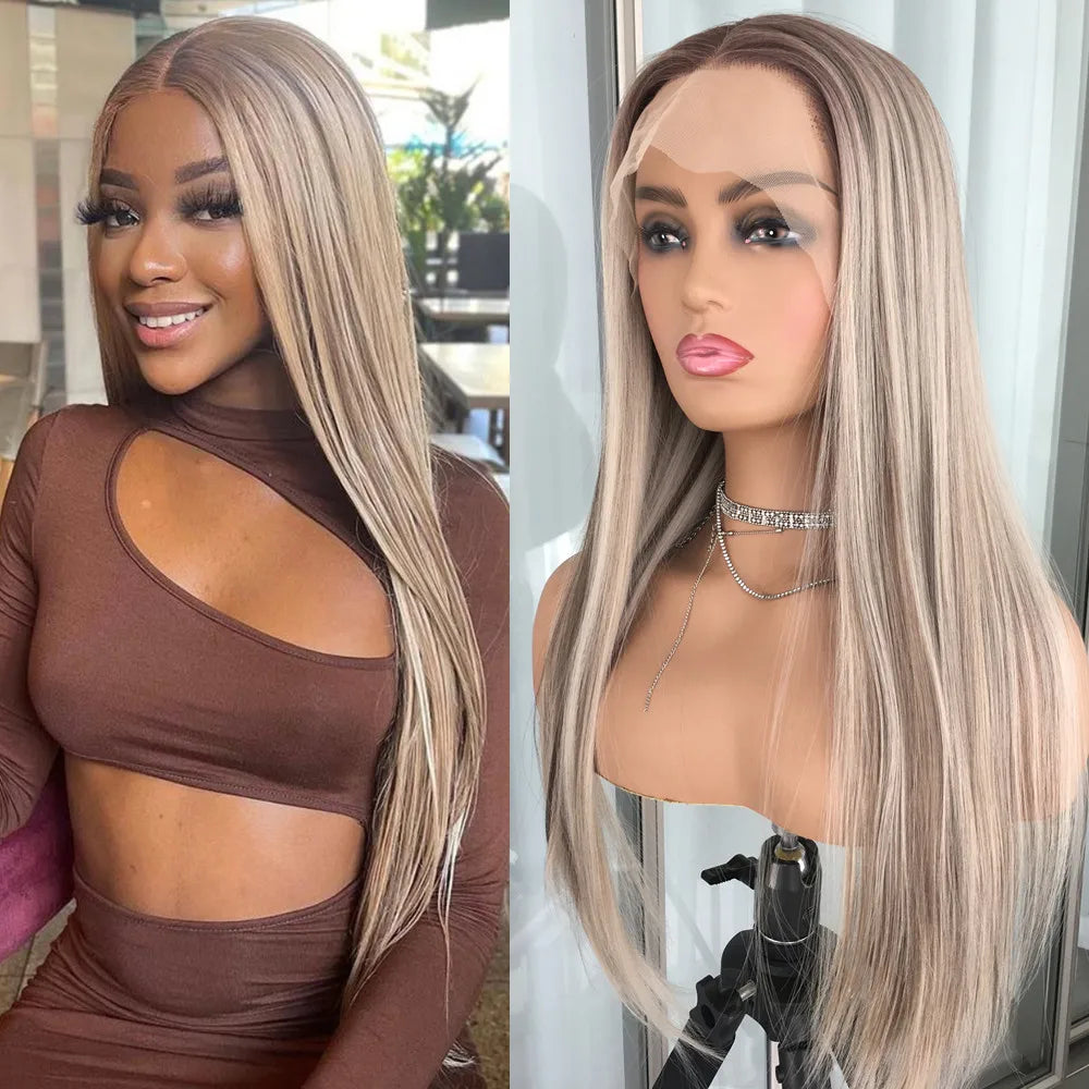Highlight Blonde Platinum Straight Lace Front Wig Synthetic Hair for Women 13x4” Lace Frontal Wig Pre Plucked Blonde Colored Wig