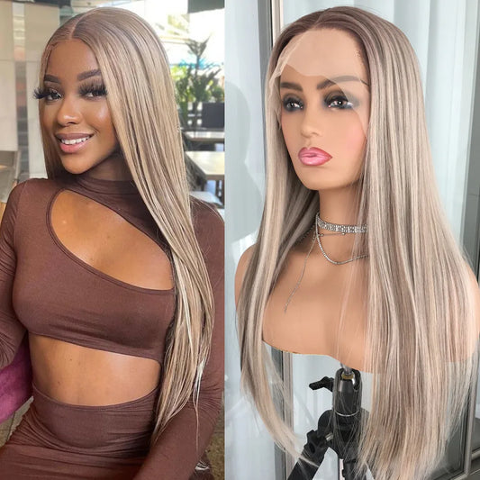 Highlight Blonde Platinum Straight Lace Front Wig Synthetic Hair for Women 13x4” Lace Frontal Wig Pre Plucked Blonde Colored Wig
