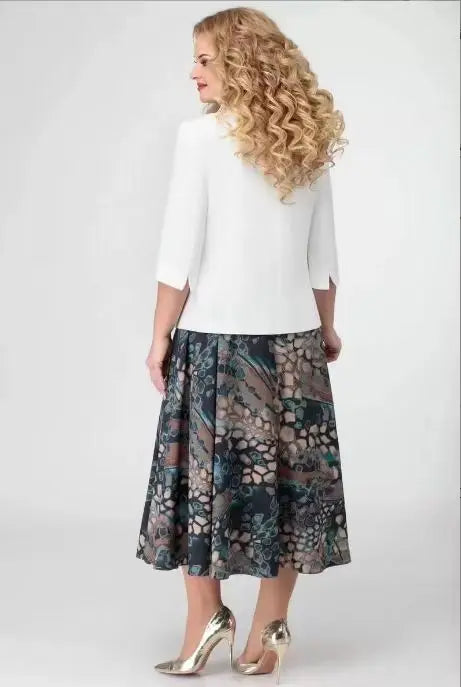 Plus size European and American oversized women's two-piece set with elegant heavy-duty design, printed dress with 3/4 sleeves