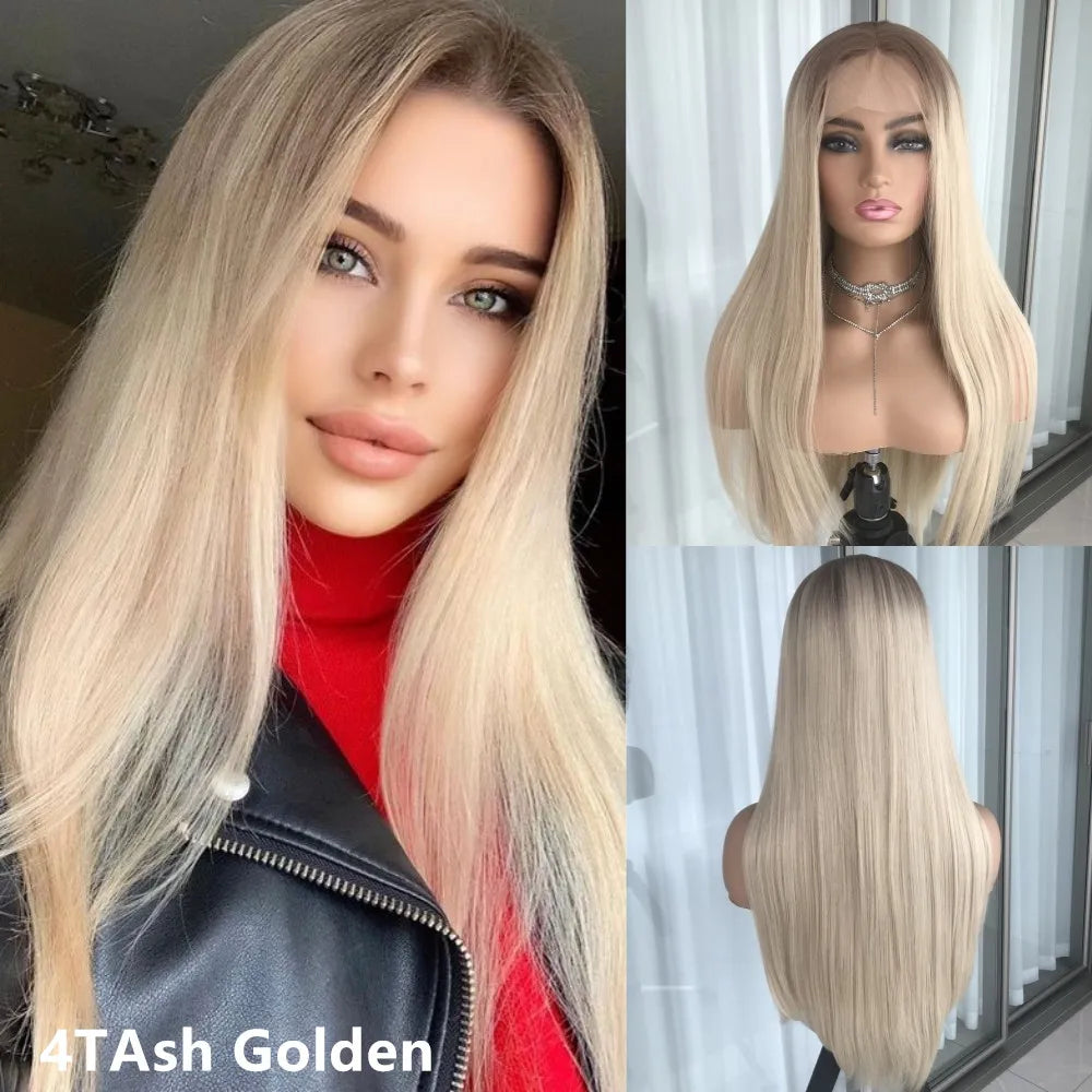 Highlight Blonde Platinum Straight Lace Front Wig Synthetic Hair for Women 13x4” Lace Frontal Wig Pre Plucked Blonde Colored Wig