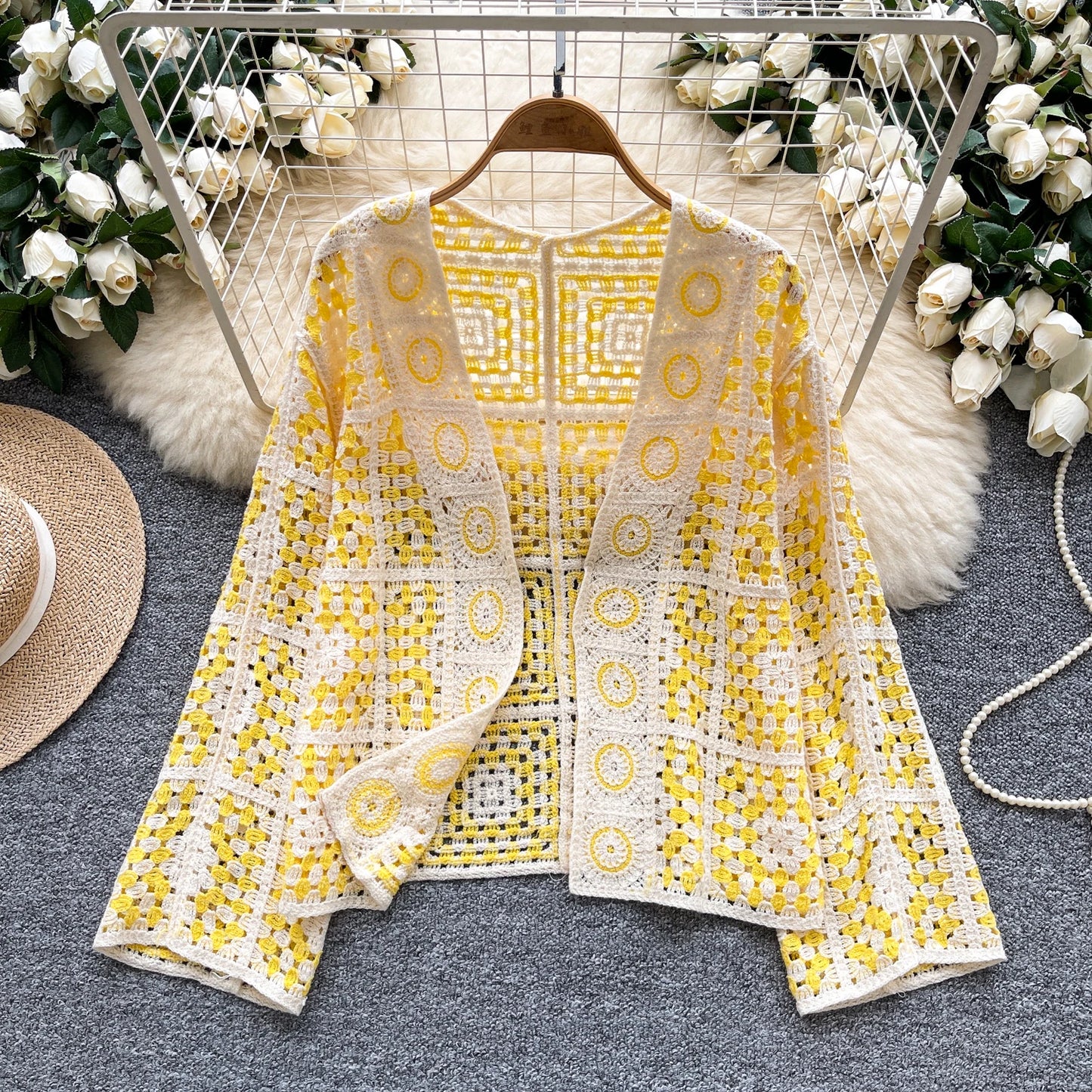 SINGREINY Vintage Boho Loose Plaid Cardigans Female Long Sleeves Hook Flower Hollow Tops 2025 Vacation Sunscreen Casual Shirt
