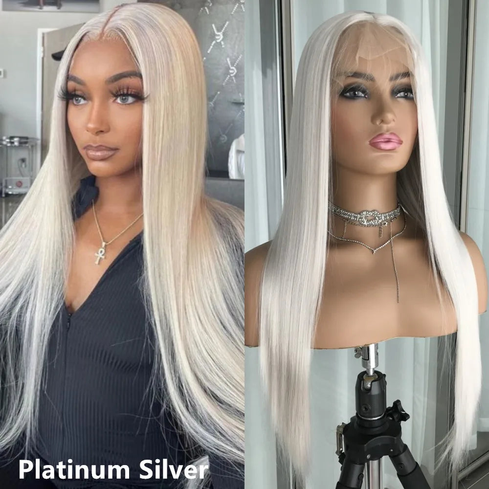 Highlight Blonde Platinum Straight Lace Front Wig Synthetic Hair for Women 13x4” Lace Frontal Wig Pre Plucked Blonde Colored Wig