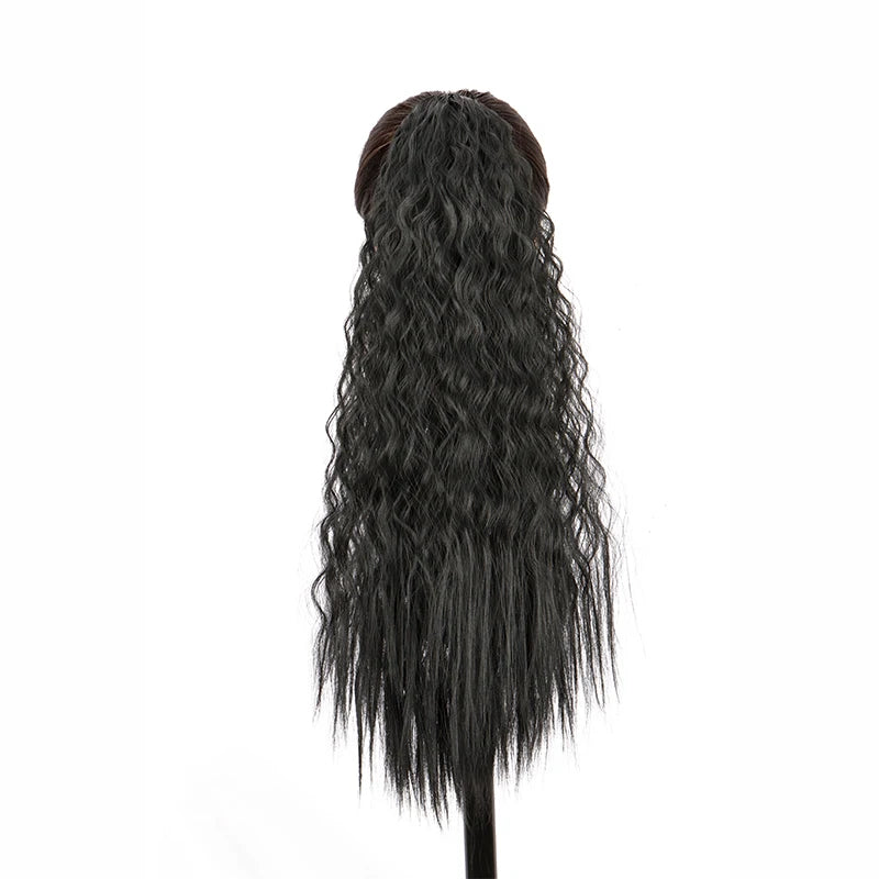 22Inch Synthetic Long Kinky Curly Ponytail Hair Extension Drawstring Wrapped Clip in Hair Black Hairpiecefor Women
